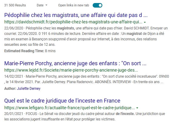 quelques résultats de recherche des termes 'inceste', 'pédophilie'... chez les magistrats