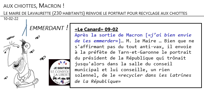 10/02/22 - aux chiottes, Macron ! - Le maire de Lavaurette (230 habitants) renvoi le portrait pour recyclage aux chiottes de la république !