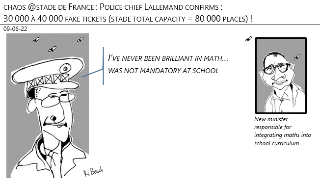 09/06/22 - chaos @stade de France : Police chief Lallemand confirms : 30 000 à 40 000 fake tickets (stade total capacity = 80 000 places) !
