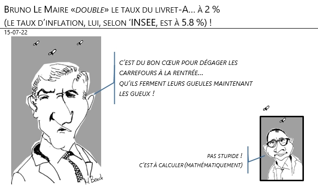 15/07/22 - Bruno Le Maire «double» le taux du livret  A..à 2 % (le taux d’inflation, lui, selon ‘INSEE, est à 5.8 %) !