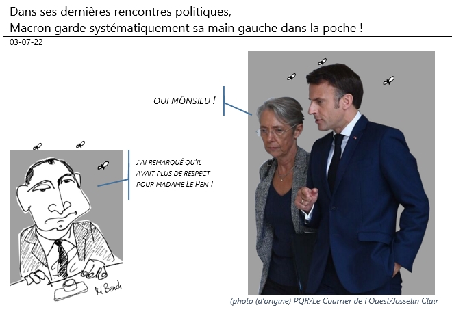 03/07/22 - Dans ses dernières rencontres politiques, Macron garde systématiquement sa main gauche dans la poche !