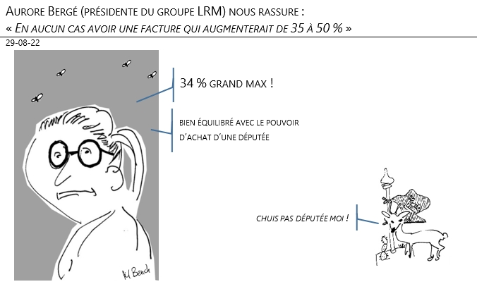 29/08/22 - Aurore Bergé (présidente du groupe LRM) nous rassure : « En aucun cas avoir une facture qui augmenterait de 35 à 50 % » !