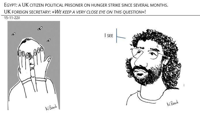 15/11/2022 - Egypt: a UK citizen political prisoner on hunger strike since several months. 
UK foreign secretary: «We keep a very close eye on this question»!
