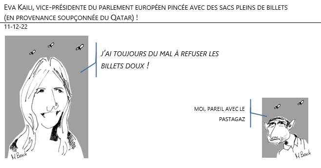 11/12/2022 - Eva Kaili, vice-présidente du parlement européen pincée avec des sacs pleins de billets (en provenance soupçonnée du Qatar) !