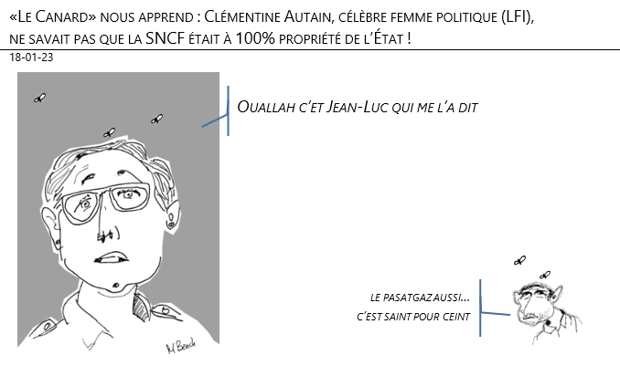 18/01/2023 – «Le Canard» nous apprend : Clémentine Autain, célèbre femme politique (LFI), ne savait pas que la SNCF était à 100% propriété de l’État !