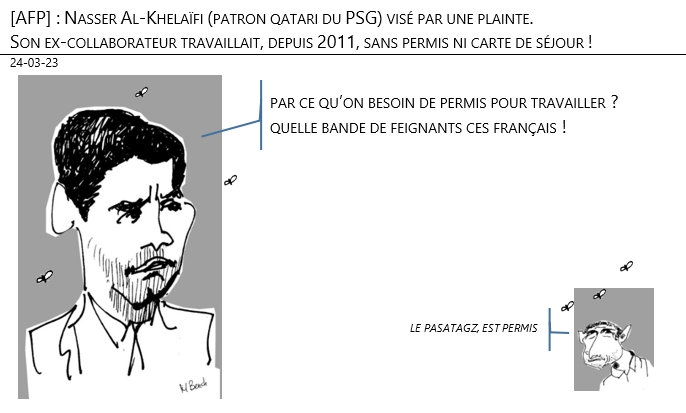 24/03/2023 – [AFP] : Nasser Al-Khelaïfi (patron qatari du PSG) visé par une plainte. Son ex-collaborateur travaillait sans permis ni carte de séjour !
