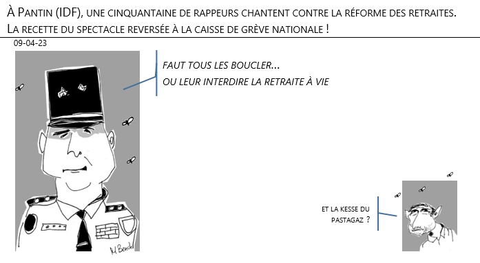 09/04/2023 – À Pantin (IDF), une cinquantaine de rappeurs chantent contre la réforme des retraites. La recette du spectacle sera reversée à la caisse de grève nationale !