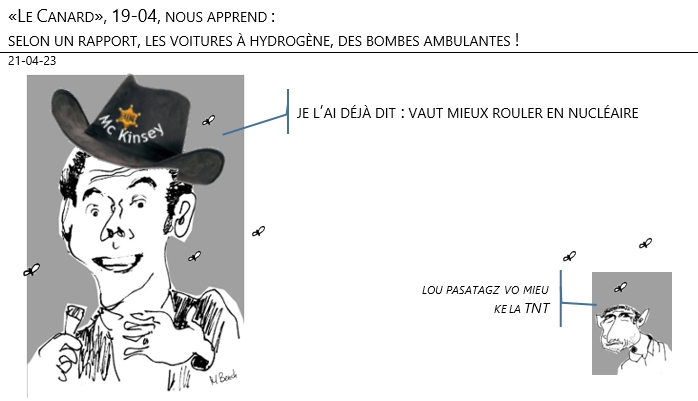 21/04/2023 – «Le Canard», 19-04, nous apprend : selon un rapport, les voitures à hydrogène, des bombes ambulantes !