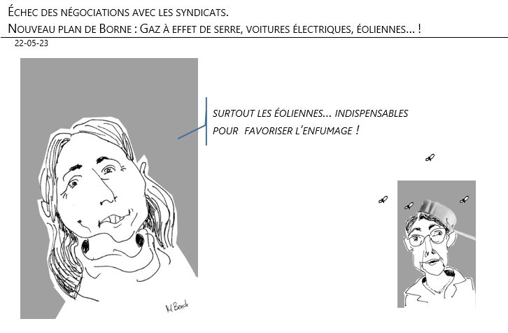 22/05/2023 – Échec des négociations avec les syndicats. Nouveau plan de Borne : Gaz à effet de serre, voitures électriques, éoliennes… !