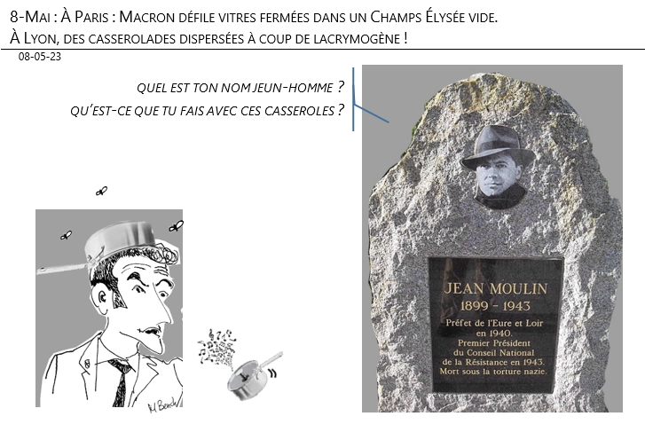 08/05/2023 – 8-Mai : À Paris : Macron défile vitres fermées dans un Champs Élysée vide. À Lyon, des casserolades dispersées à coup de lacrymogène !