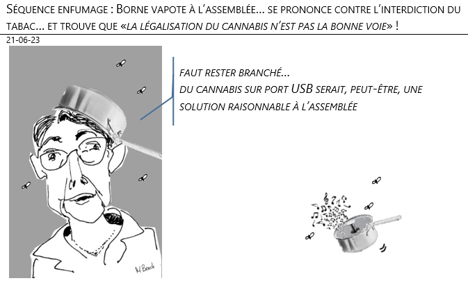 21/06/2023 – Séquence enfumage : Borne vapote à l’assemblée… se prononce contre l’interdiction du tabac… et trouve que «la légalisation du cannabis n’est pas la bonne voie» !