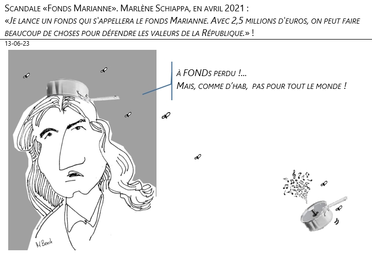 13/06/2023 – Scandale «Fonds Marianne». Marlène Schiappa, en avril 2021 : «Je lance un fonds qui s'appellera le fonds Marianne. Avec 2,5 millions d'euros, on peut faire beaucoup de choses pour défendre les valeurs de la République.» !