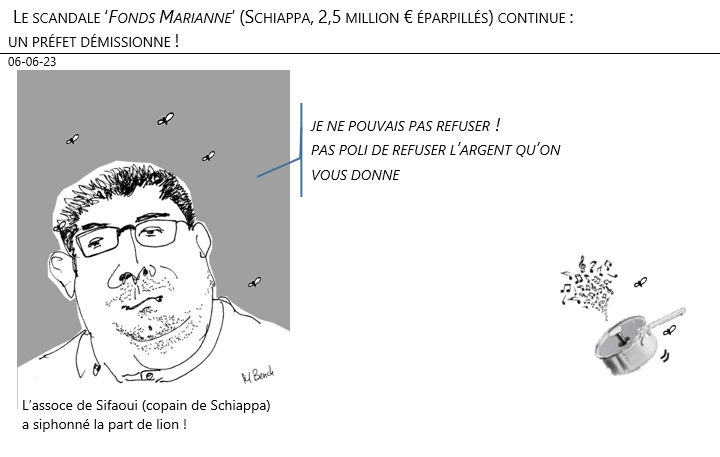 06/06/2023 – Le scandale ‘Fonds Marianne’ (Schiappa, 2,5 million € éparpillés) continue : un préfet démissionne !