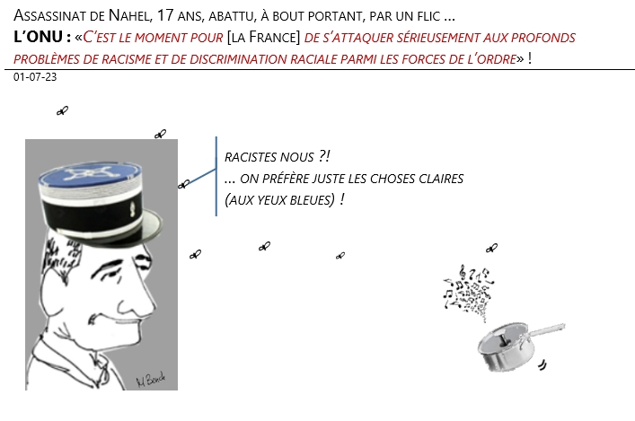 01/07/2023 –  Assassinat de Nahel, 17 ans, abattu, à bout portant, par un flic – l’ONU : «C’est le moment pour [la France] de s’attaquer sérieusement aux profonds problèmes de racisme et de discrimination raciale parmi les forces de l’ordre» !