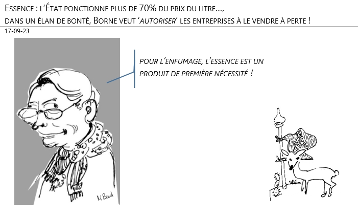 17/09/2023 – Essence : l’État ponctionne plus de 70% du prix du litre…, dans un élan de bonté, Borne veut ‘autoriser’ les entreprises à le vendre à perte !